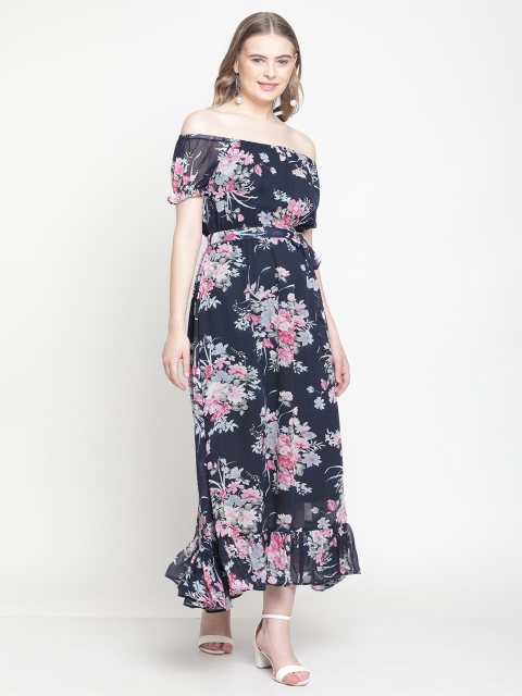 

COASTLAND Navy Blue Floral Off-Shoulder Georgette Maxi Dress