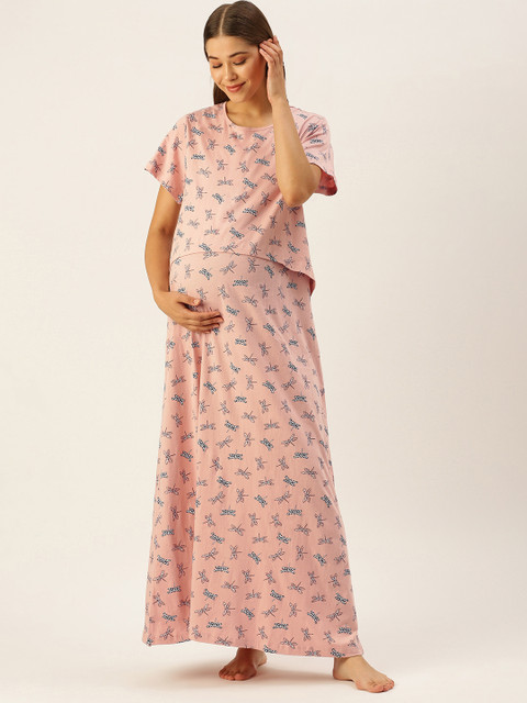 

Nejo Pink & White Conversational Print Layered Cotton Maxi Maternity Nightdress