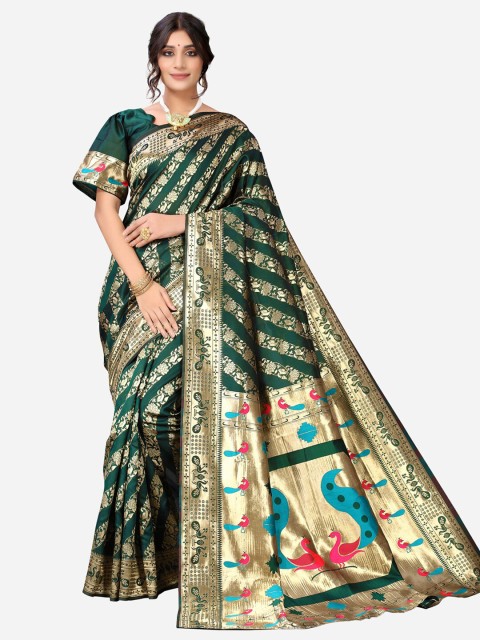 

Satrani Green & Gold Woven Design Zari Paithani Saree