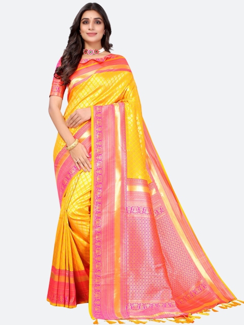 

Satrani Yellow & Pink Woven Design Zari Silk Blend Saree