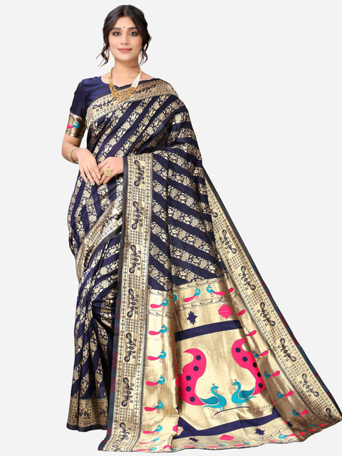 

Satrani Blue & Gold-Toned Woven Design Zari Paithani Saree