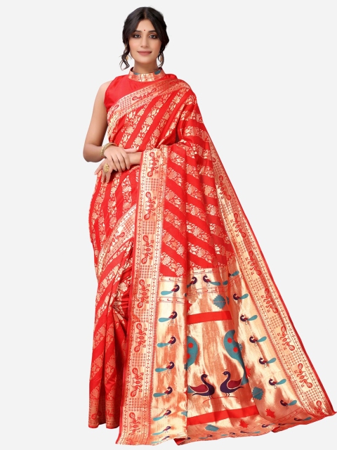 

Satrani Red & Gold-Toned Woven Design Zari Paithani Saree