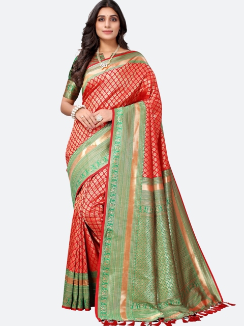 

Satrani Red & Green Woven Design Zari Silk Blend Saree