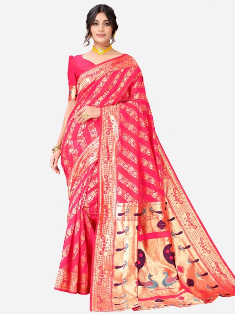 

Satrani Pink & Gold-Toned Woven Design Zari Paithani Saree