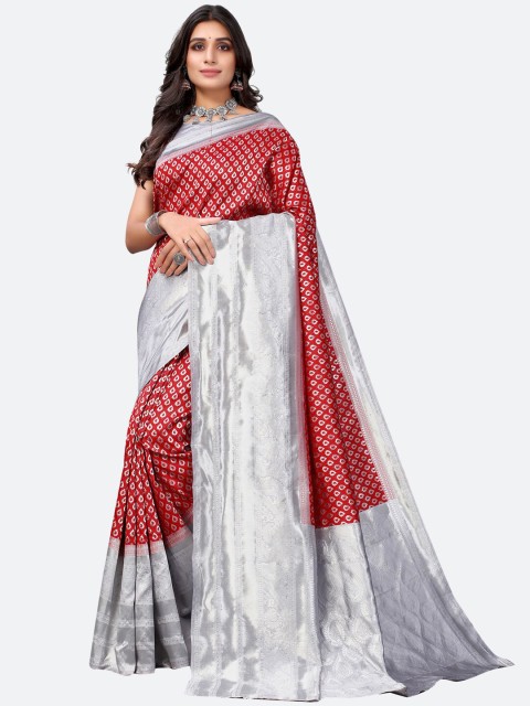 

Satrani Red & Grey Woven Design Zari Silk Blend Heavy Work Banarasi Saree