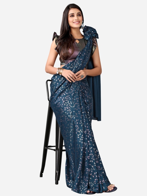 

Satrani Blue & Silver-Toned Floral Crepe Saree
