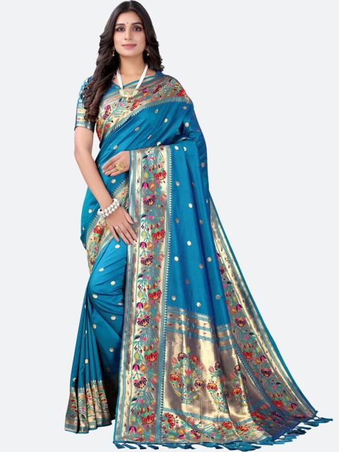 

Satrani Blue & Gold-Toned Woven Design Zari Saree