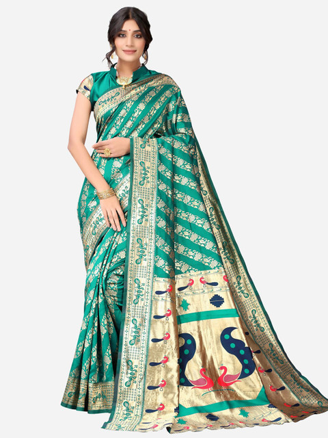 

Satrani Green & Beige Ethnic Motifs Zari Paithani Saree