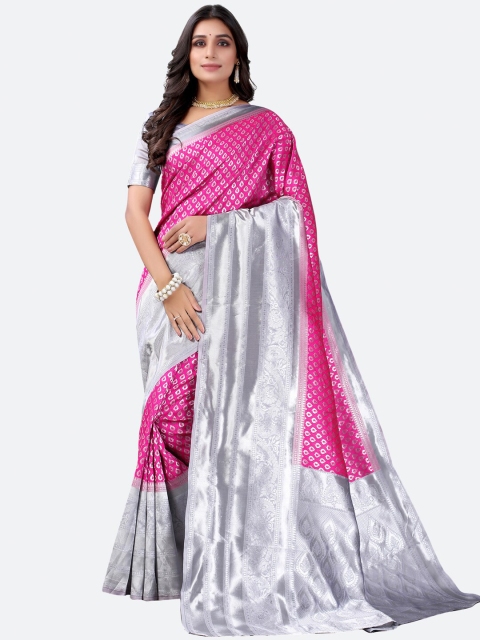 

Satrani Pink & Silver-Toned Woven Design Zari Silk Blend Banarasi Saree