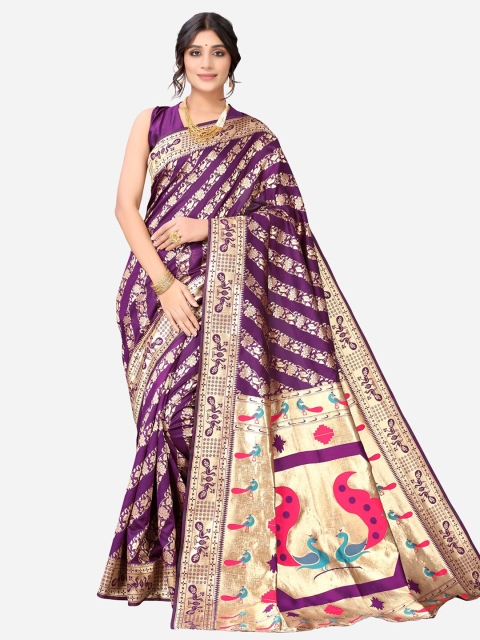 

Satrani Purple & Gold-Toned Woven Design Zari Paithani Saree