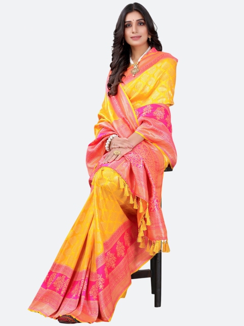 

Satrani Yellow & Pink Woven Design Silk Blend Saree