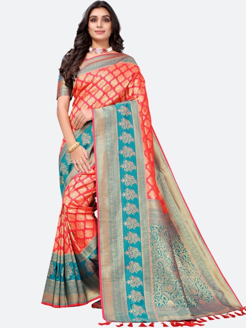 Satrani Coral & Blue Woven Design Zari Silk Blend Saree