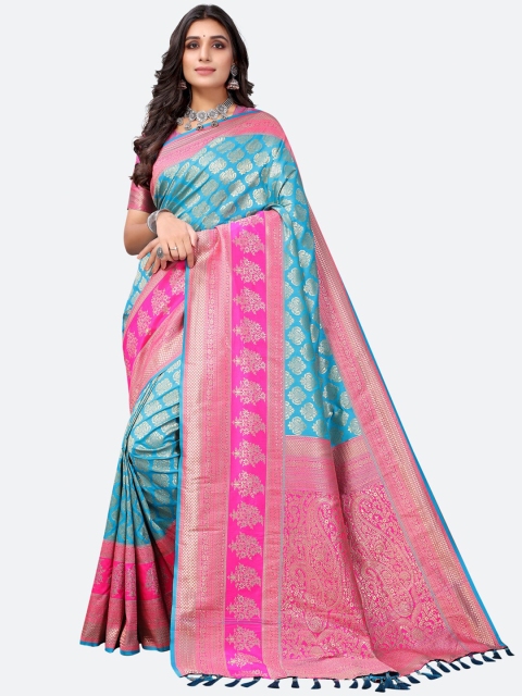 

Satrani Blue & Pink Woven Design Zari Silk Blend Saree