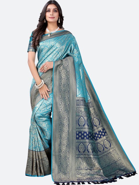 

Satrani Blue & Gold-Toned Woven Design Zari Silk Blend Heavy Work Saree