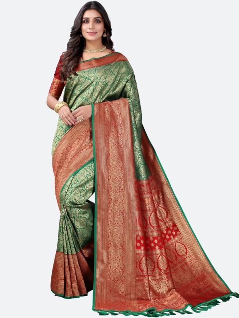 

Satrani Green & Red Woven Design Zari Silk Blend Heavy Work Saree