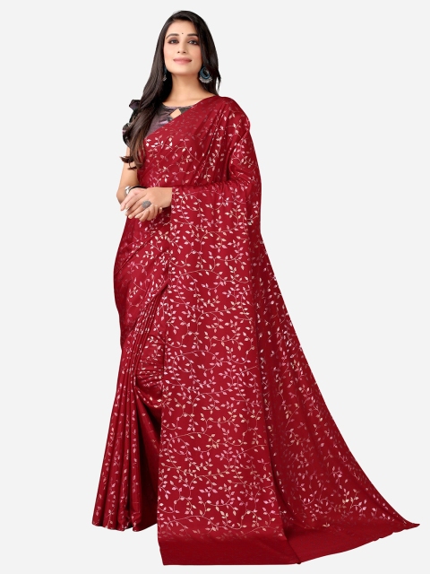 

Satrani Maroon & Silver-Toned Floral Printed Silk Crepe Saree