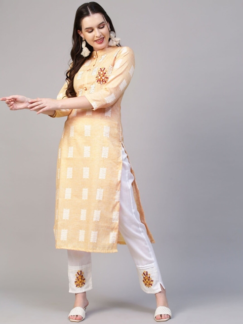 

FASHOR Women Yellow Printed Thread Work Kurta with Pyjamas & With Dupatta