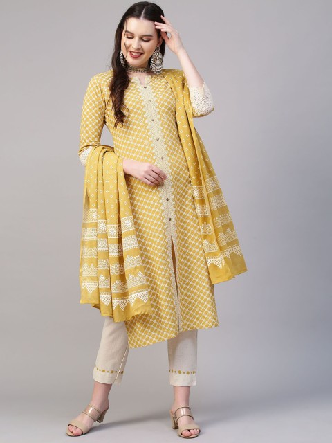 

FASHOR Women Mustard Yellow Floral Printed Mirror Work Pure Cotton Kurta with Trousers & With Dupatta