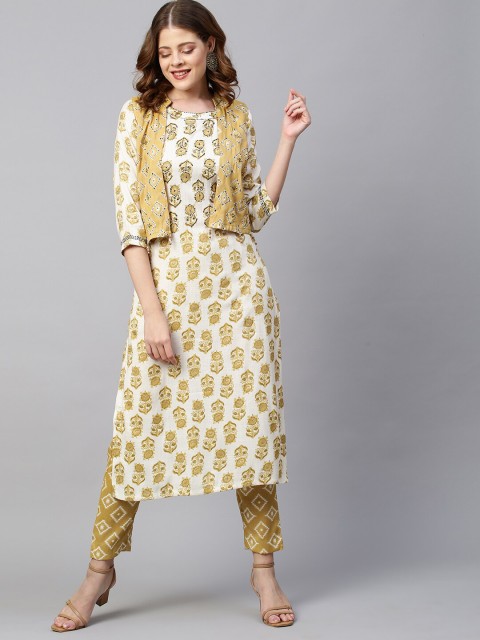 

FASHOR Women White Printed Kantha Work Kurta with Skirt