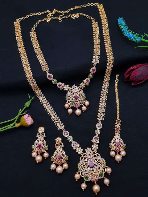 

GRIIHAM Gold-Plated Pink & Green CZ-Studded & Beaded Jewellery Set
