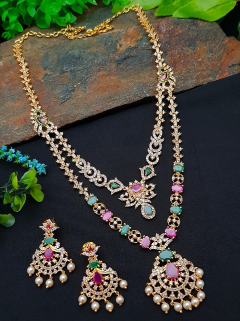 

GRIIHAM Women Gold-Plated Pink & Green Stone-Studded & Beaded Jewellery Set, Multi