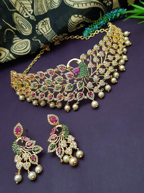 

GRIIHAM Gold-Plated Green & Pink CZ-Studded Premium Peacock Choker Bridal Jewellery Set