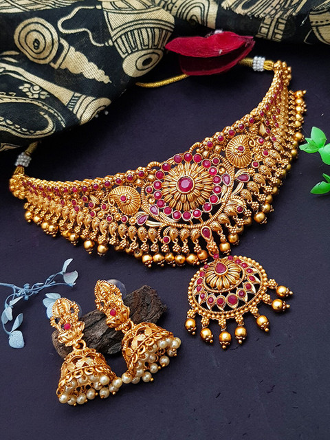 

GRIIHAM Gold-Plated Pink AD-Studded Choker Bridal Jewellery Set