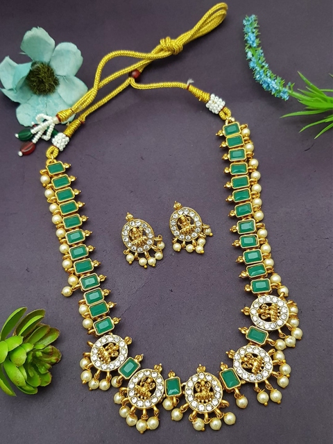 

GRIIHAM Gold-Plated Green & White Stone Studded Laxmi Necklace Set