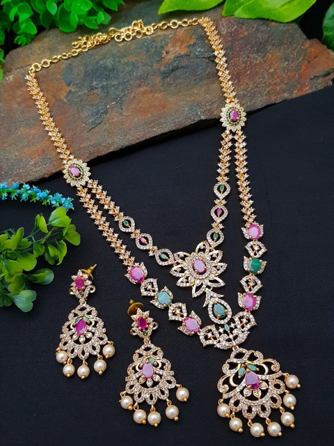 

GRIIHAM Gold-Plated Green & Pink CZ-Studded Premium Jewellery Set