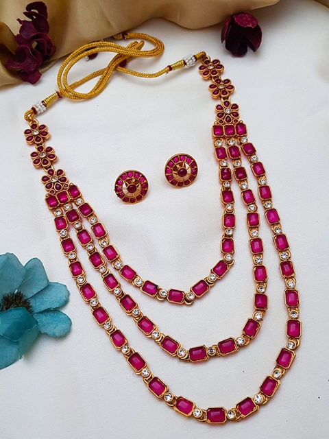 

GRIIHAM Gold -Plated Pink Stone Studded Step Necklace Set