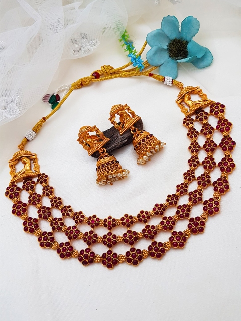 

GRIIHAM Gold-Plated Red AD Stone-Studded Three Line Palki Jewellery Set