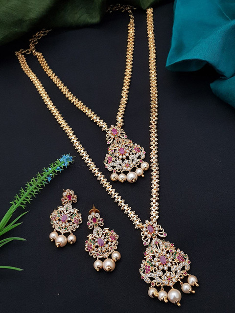 

GRIIHAM Gold-Plated Pink & Green CZ-Studded & Beaded Jewellery Set