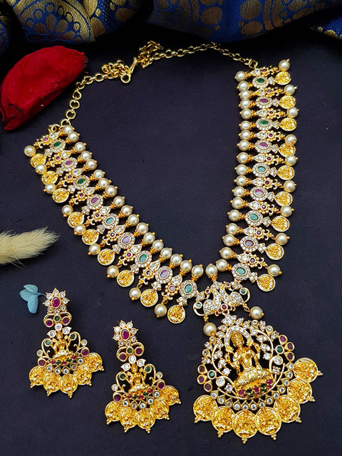 

GRIIHAM Gold-Plated & White Cubic Zirconia Laxmi Short Necklace Set