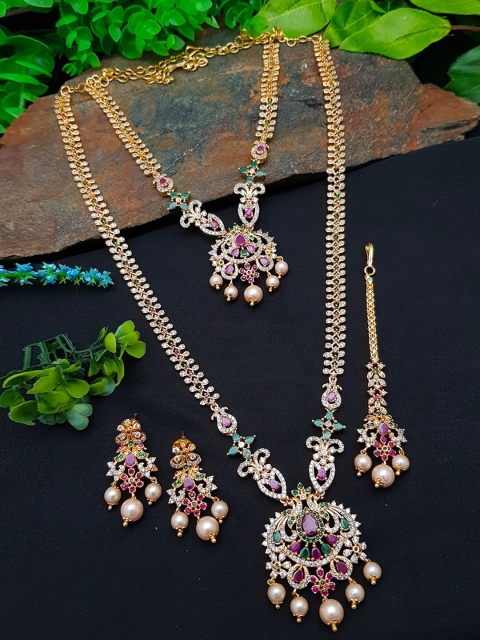 

GRIIHAM Gold Plated Pink & Green CZ Studded Combo Nekclace Set With Maang Tikka