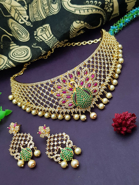 

GRIIHAM Gold-Plated Green & Pink CZ-Studded Jewellery Set
