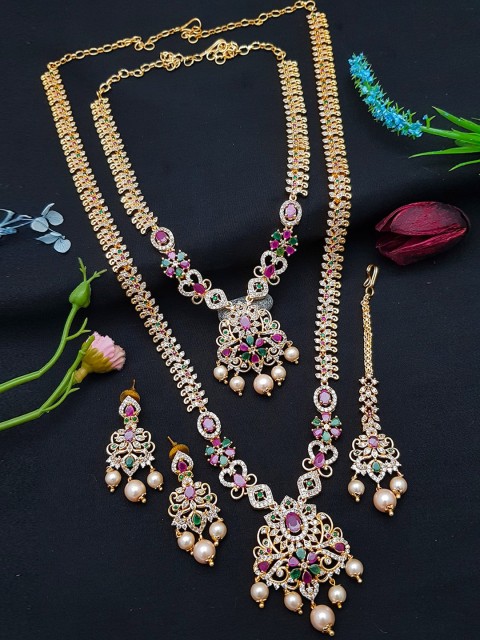 

GRIIHAM Gold- Plated CZ Combo Nekclace Set With Maang Tikka