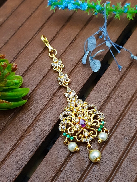 

GRIIHAM Gold-Plated White CZ-Studded Maang Tikka, Multi