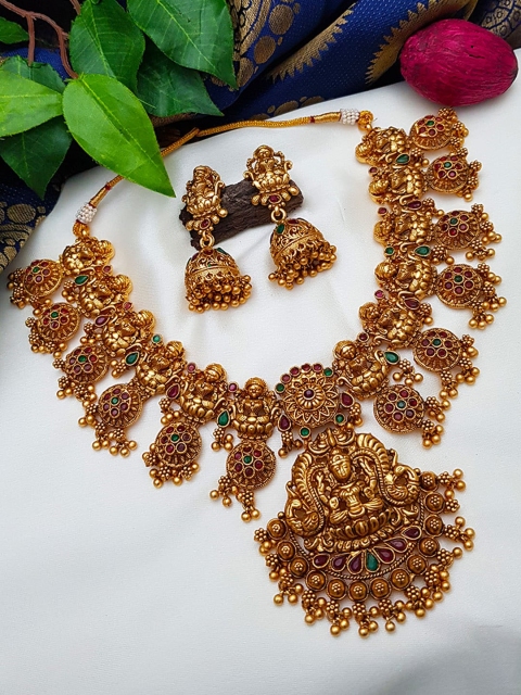 

GRIIHAM Gold Plated & Stone Studded Temple Short Necklace Set