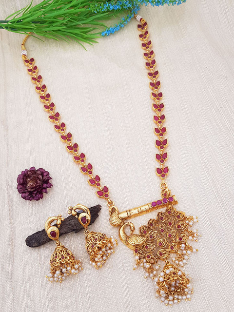 

GRIIHAM Gold-Plated & Pink AD-Studded & Beaded Jewellery Set