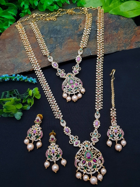 

GRIIHAM Gold- Plated CZ Combo Necklace Set With Maang Tikka