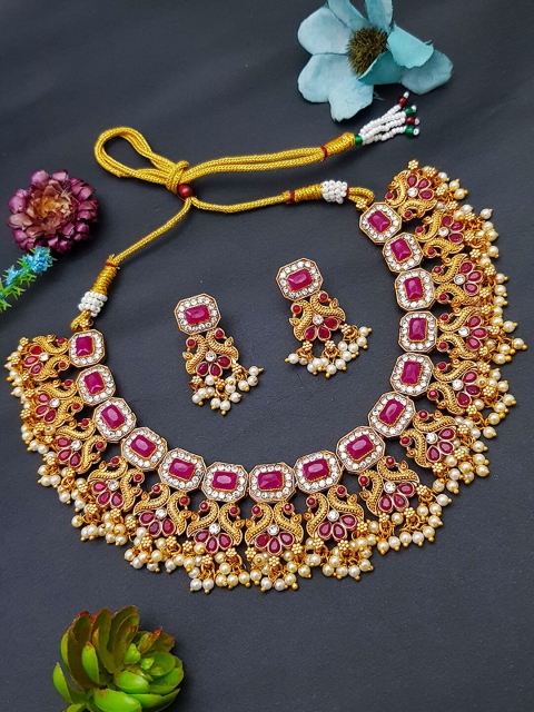 

GRIIHAM Gold-Plated Red AD-Studded Jewellery Set