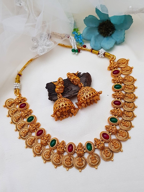 

GRIIHAM Gold-Plated Pink & Green Stone-Studded & Pearl Beaded Jewellery Set
