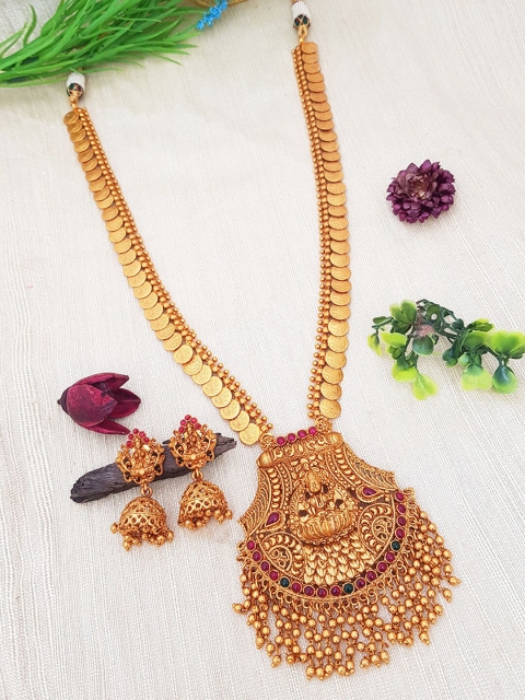 

GRIIHAM Gold -Plated Pink AD Studded Long Coin Laxmi Hara Necklace Set