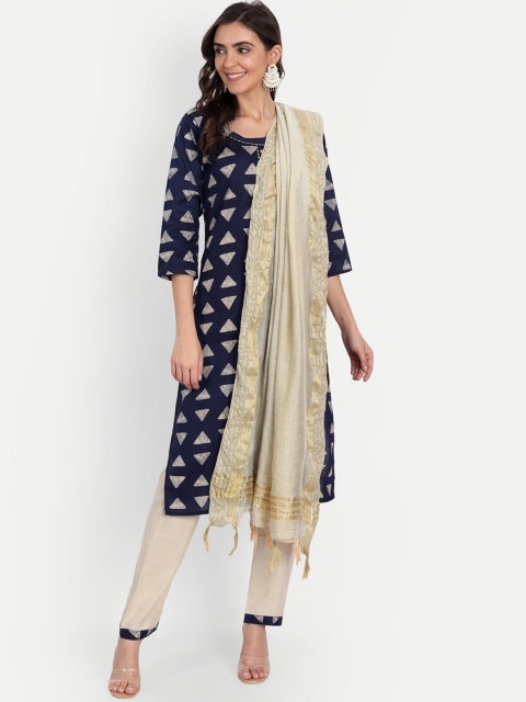 

Fentacia Women Navy Blue Pleated Pure Cotton Kurta with Trousers & With Dupatta