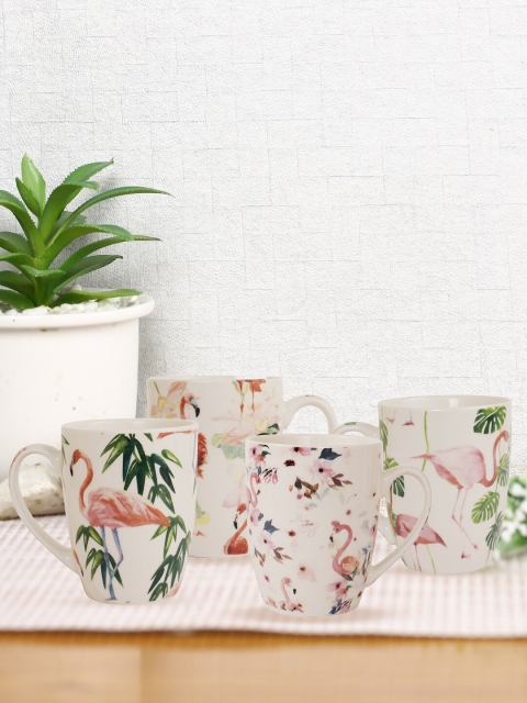 

House Of Accessories Pink & Green Printed Ceramic Glossy Mugs Set of 4