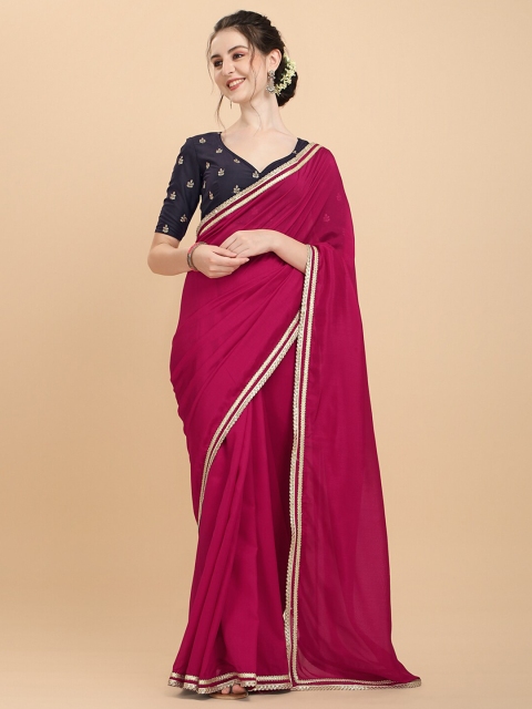 

Inddus Women Magenta Pink and Wine Embroidered Silk Blend Saree with Blouse Piece, Fuchsia