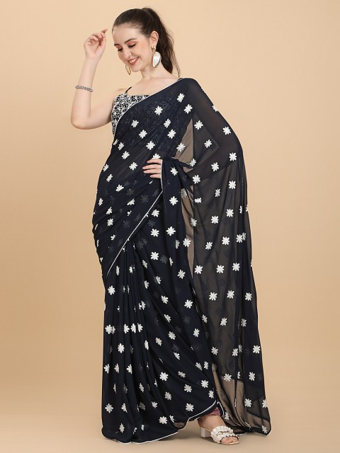 

Inddus Women Navy Blue Embroidered Georgette Saree with Blouse Piece