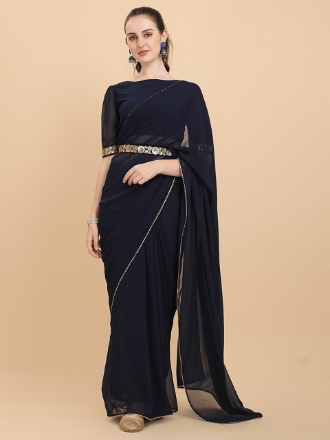 

Sangria Navy Blue Solid Georgette Saree & Embellished Belt