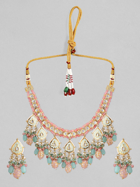 

rubans LUXURY Gold-Plated Green & Pink Kundan-Studded & Beaded Handcrafted Jewellery Set