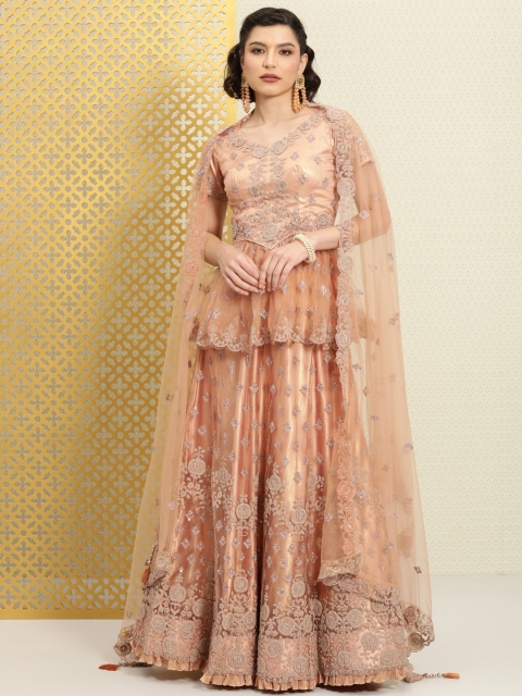 

House of Pataudi Peach & Gold-Toned Semi-Stitched Lehenga & Unstitched Blouse & Dupatta